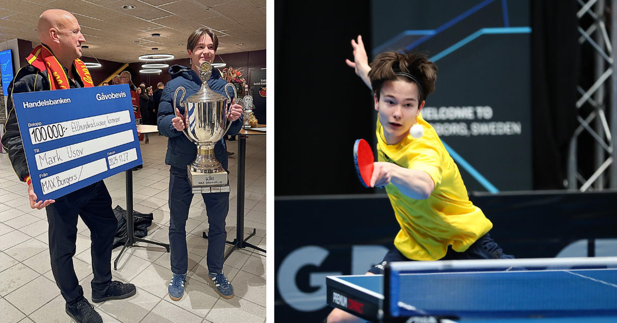 Delad bild på Mark som tilldelas stipendiet och håller i bucklan samt Mark spelar bordtennis.