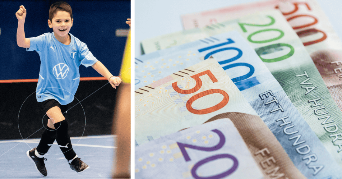 Pojke som idrottar höjer ena armen i luften och sedlar